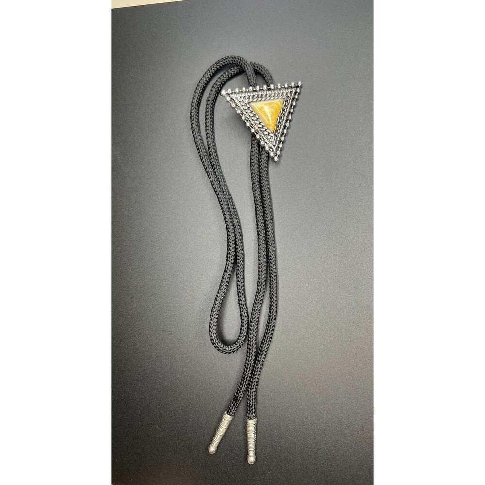 Ref No. 1055 Vintage Southwestern Triangular Silver Tone Yellow Bolo Tie
